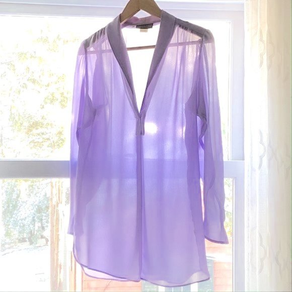 Vintage 80s Sheer Ethereal Lavender Puff Sleeve V-Neck See Through Tunic Blouse - Picture 2 of 13